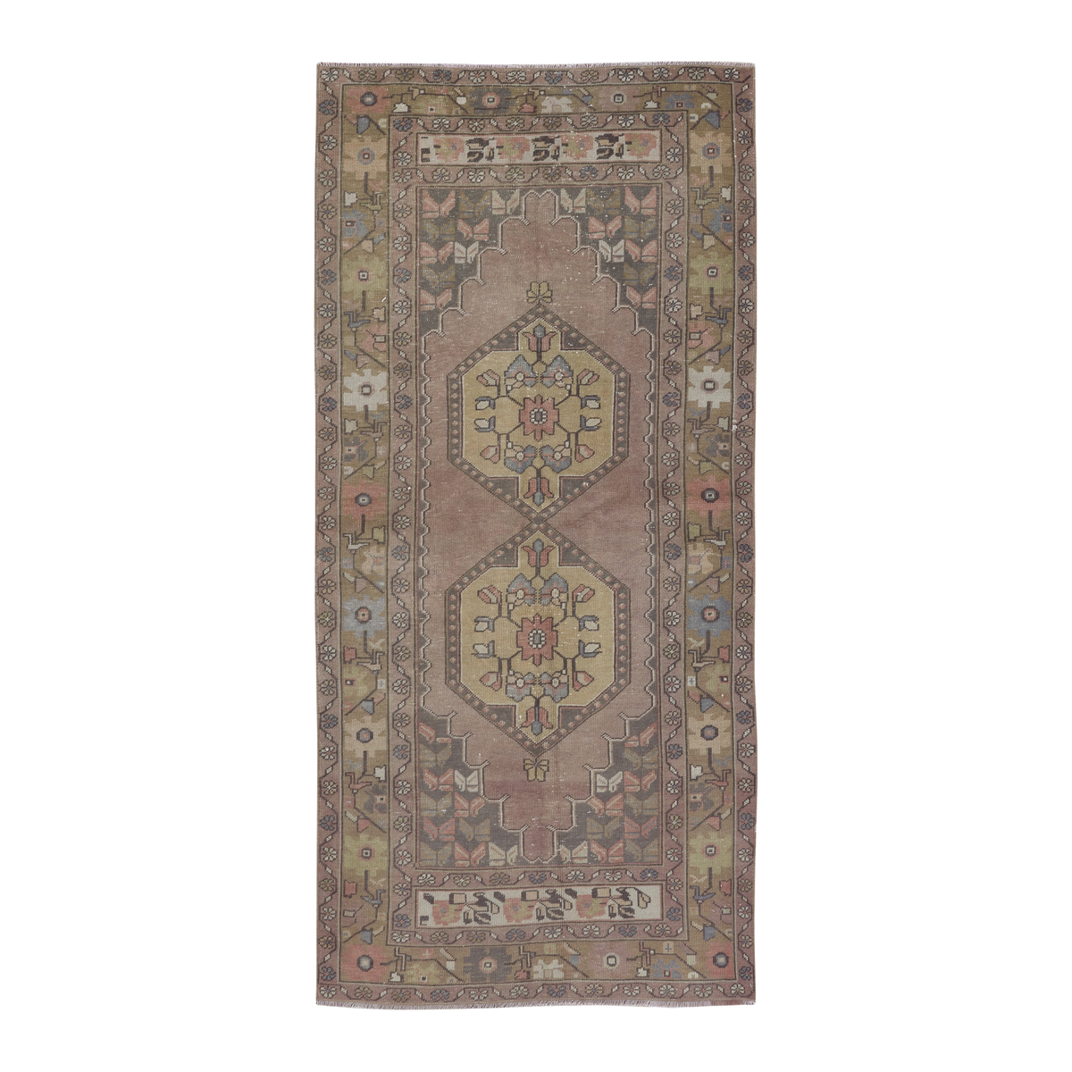Turkish Anatolian runner rug in dusty rose and khaki, 3'8" x 8'