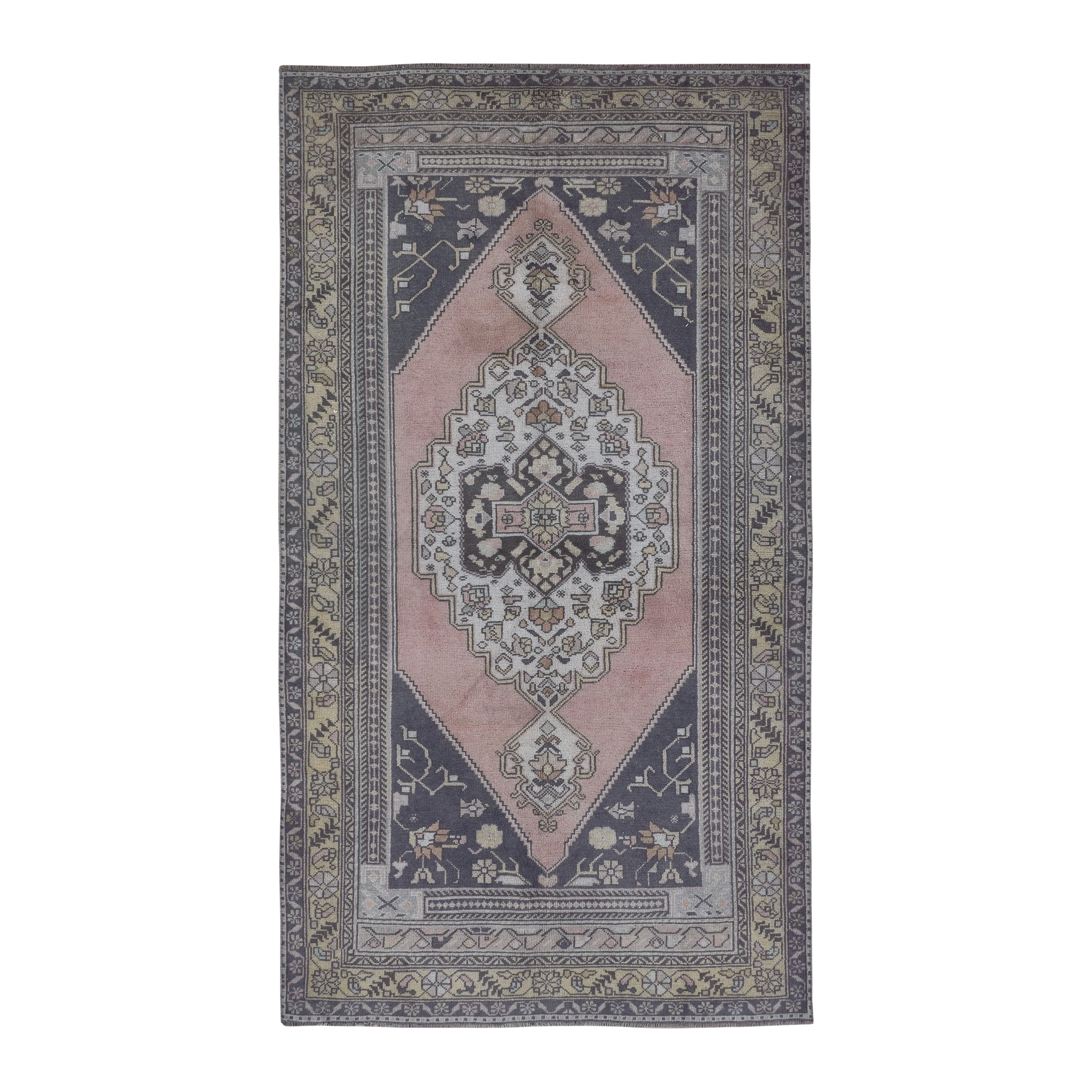 Turkish Anatolian area rug in navy and muted pink, 4'4" x 8'1"