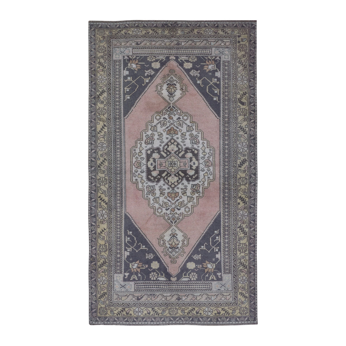Turkish Anatolian area rug in navy and muted pink, 4'4" x 8'1"