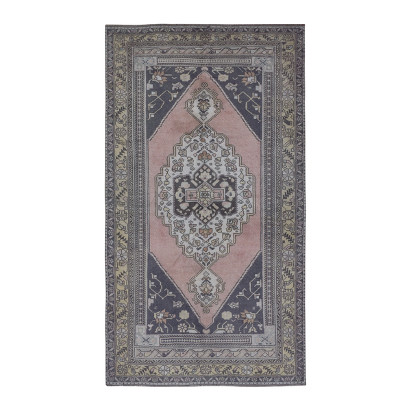 Turkish Anatolian area rug in navy and muted pink, 4'4" x 8'1"