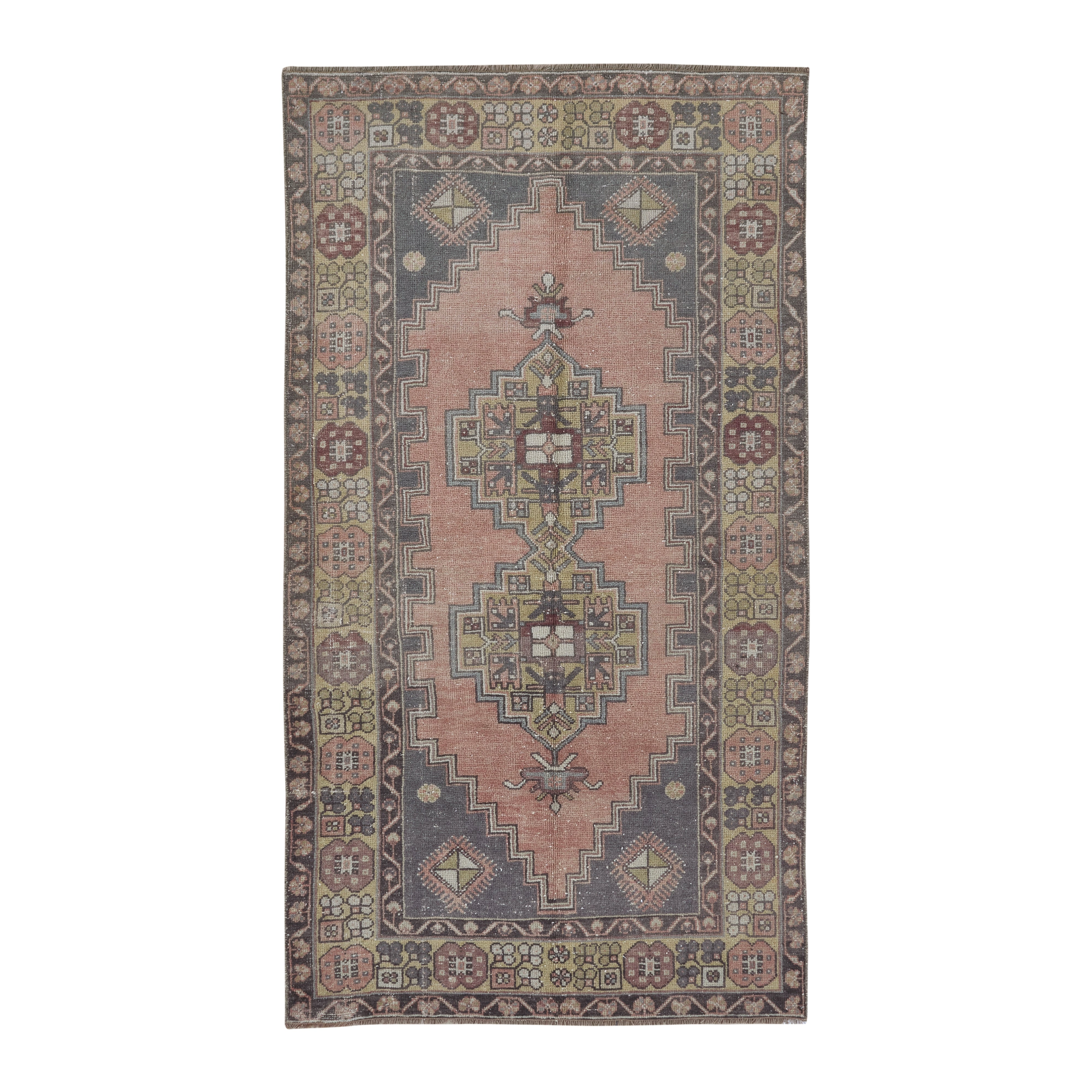 Turkish Anatolian area rug in muted pink and slate, 3'8" x 6'10"