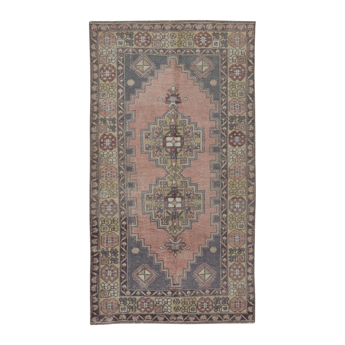 Turkish Anatolian area rug in muted pink and slate, 3'8" x 6'10"