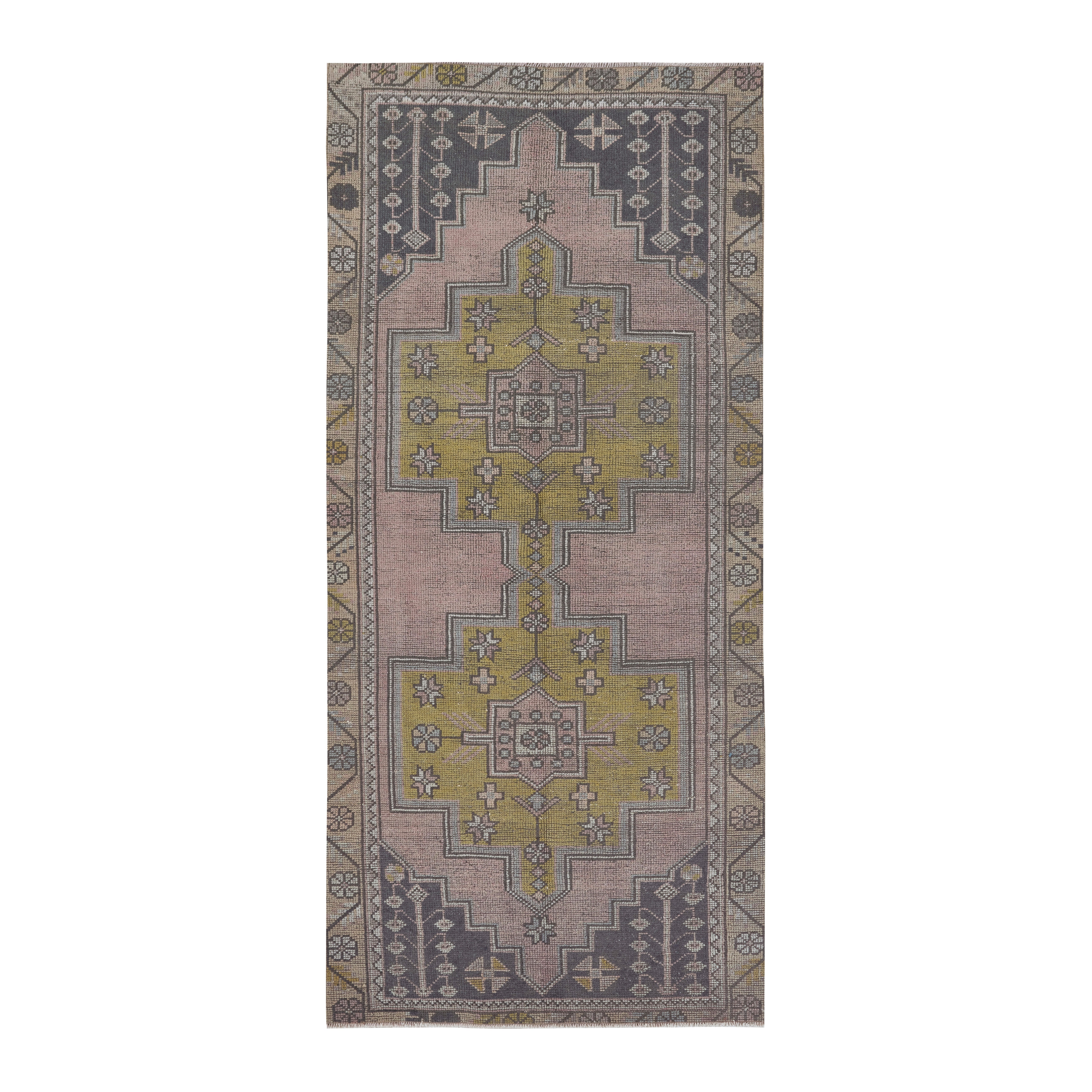 Turkish Anatolian runner rug in muted pink and muted yellow, 3'11" x 8'9"