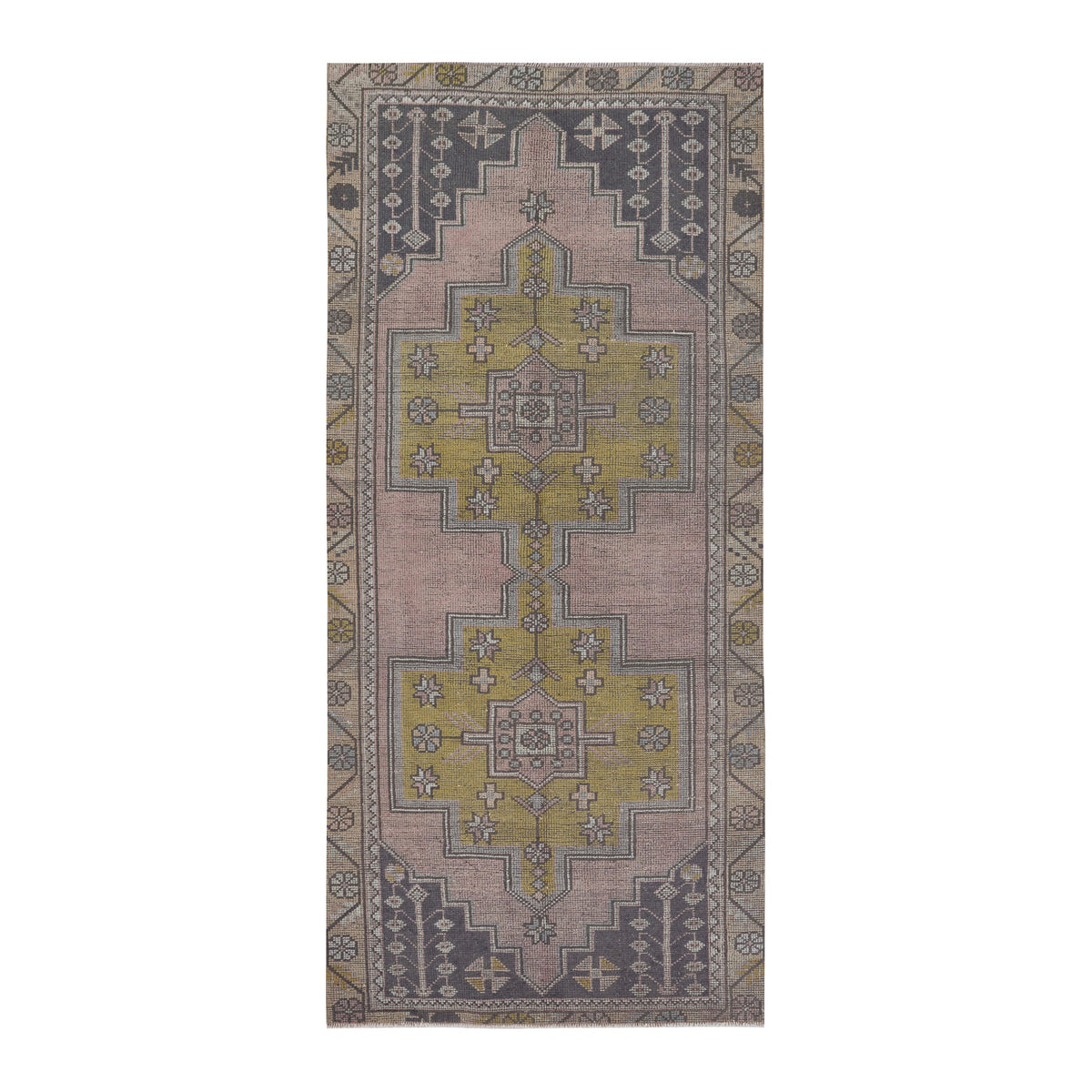 Turkish Anatolian runner rug in muted pink and muted yellow, 3'11" x 8'9"