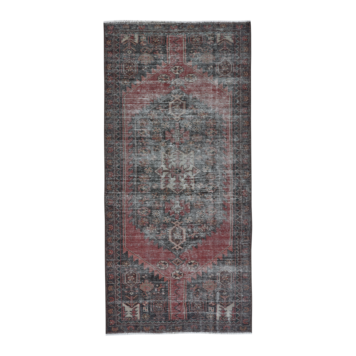 Persian Saveh runner rug in faded red and charcoal, 3'7" x 7'9"