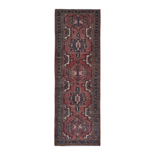 Persian Gharajeh runner rug in faded red and navy, 3'6" x 10'7"