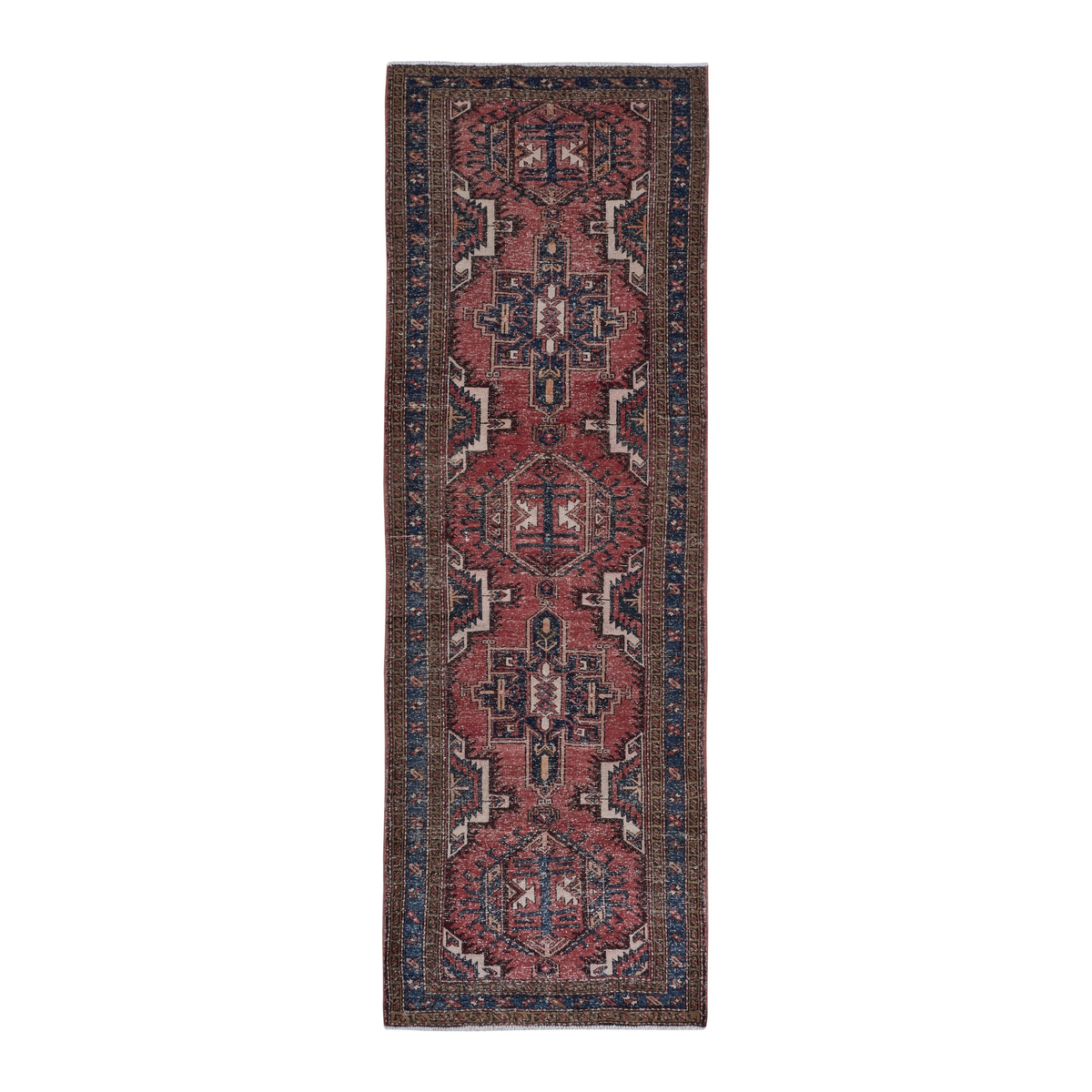 Persian Gharajeh runner rug in faded red and navy, 3'6" x 10'7"