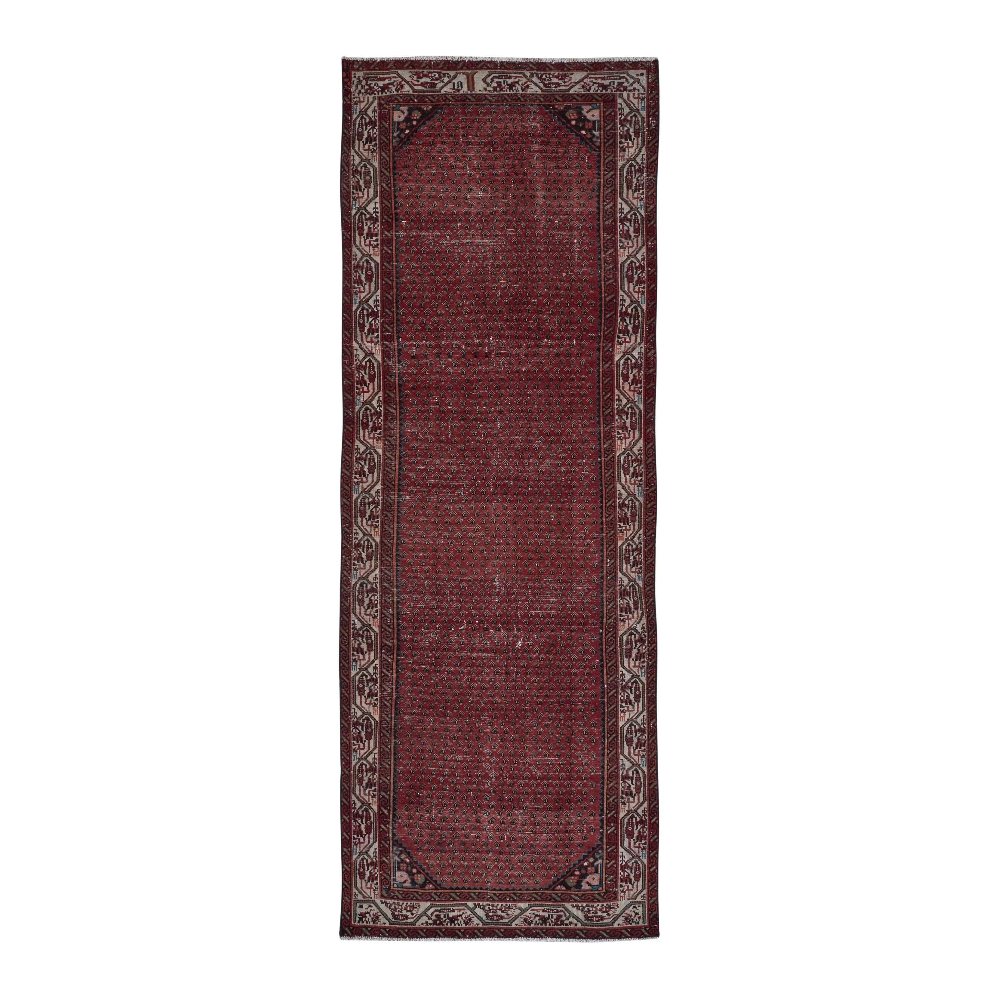 Persian Arak runner rug in burgundy and greige, 3'8" x 10'4"