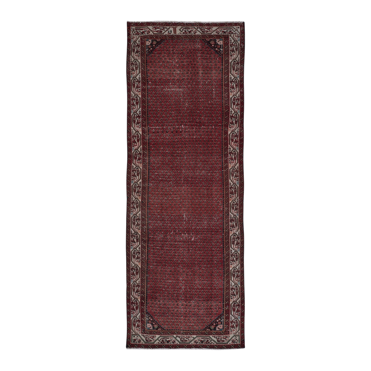 Persian Arak runner rug in burgundy and greige, 3'8" x 10'4"