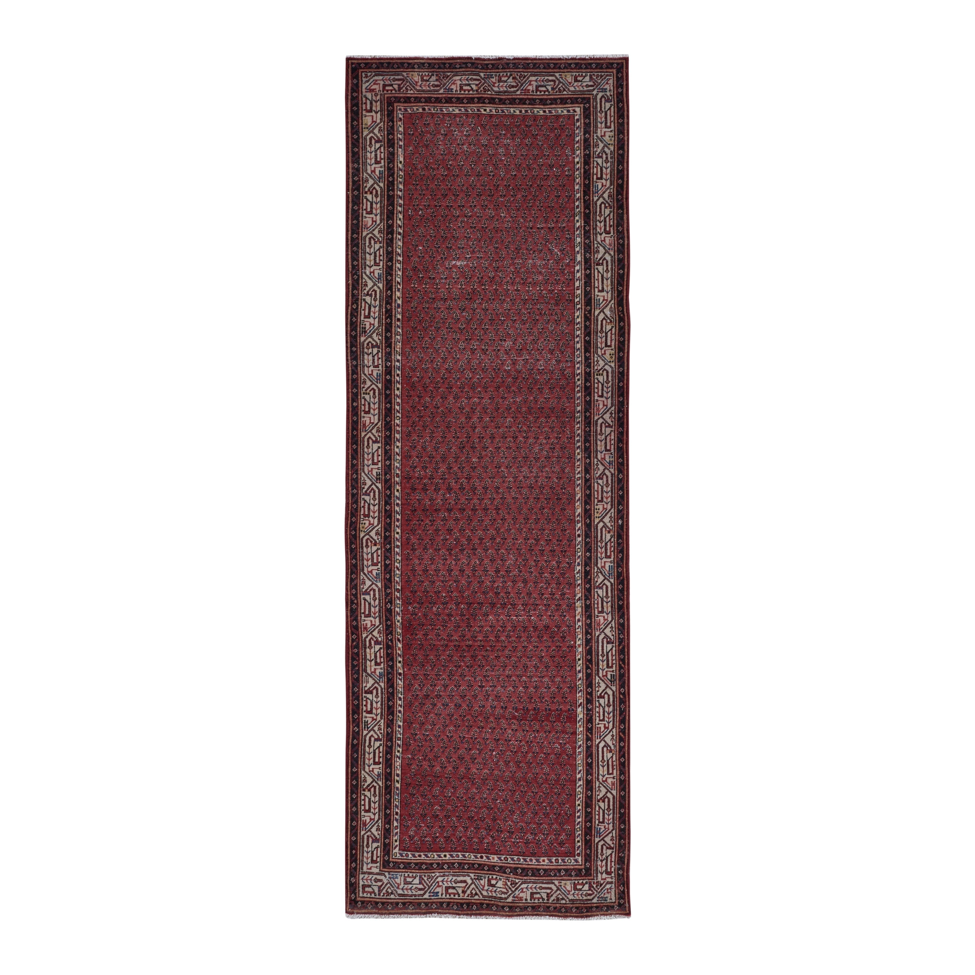Persian Arak runner rug in burgundy and cream, 3'5" x 11'4"