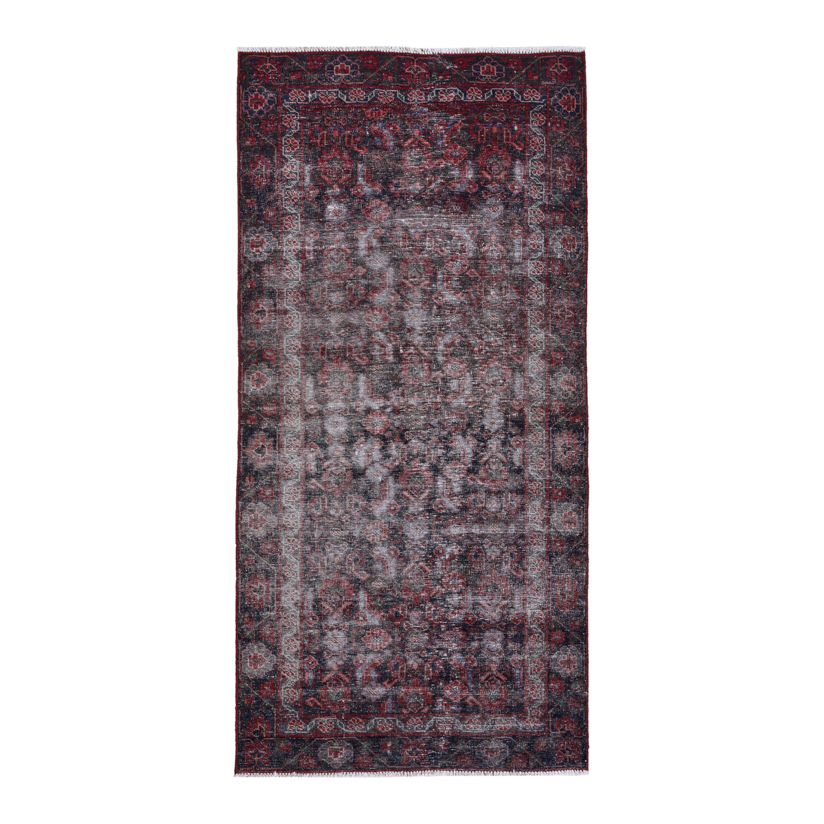 Persian Ferdos runner rug in faded red and burgundy, 3'7" x 7'2"