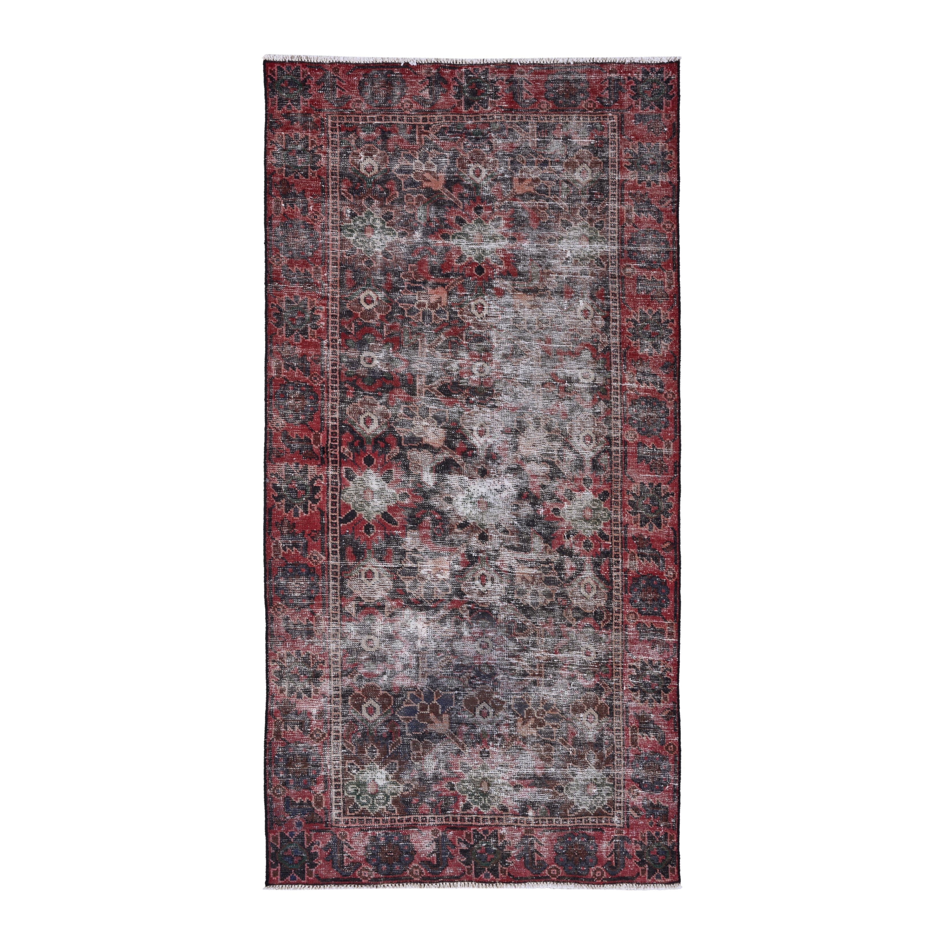 Persian Ferdos area rug in light gray and deep red, 3'11" x 7'8"