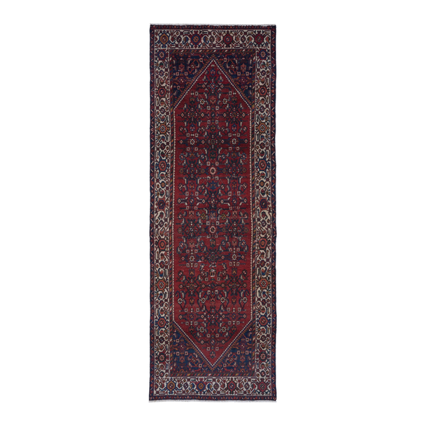 Persian Hamadan runner rug in deep red and cream, 3'5" x 10'2"