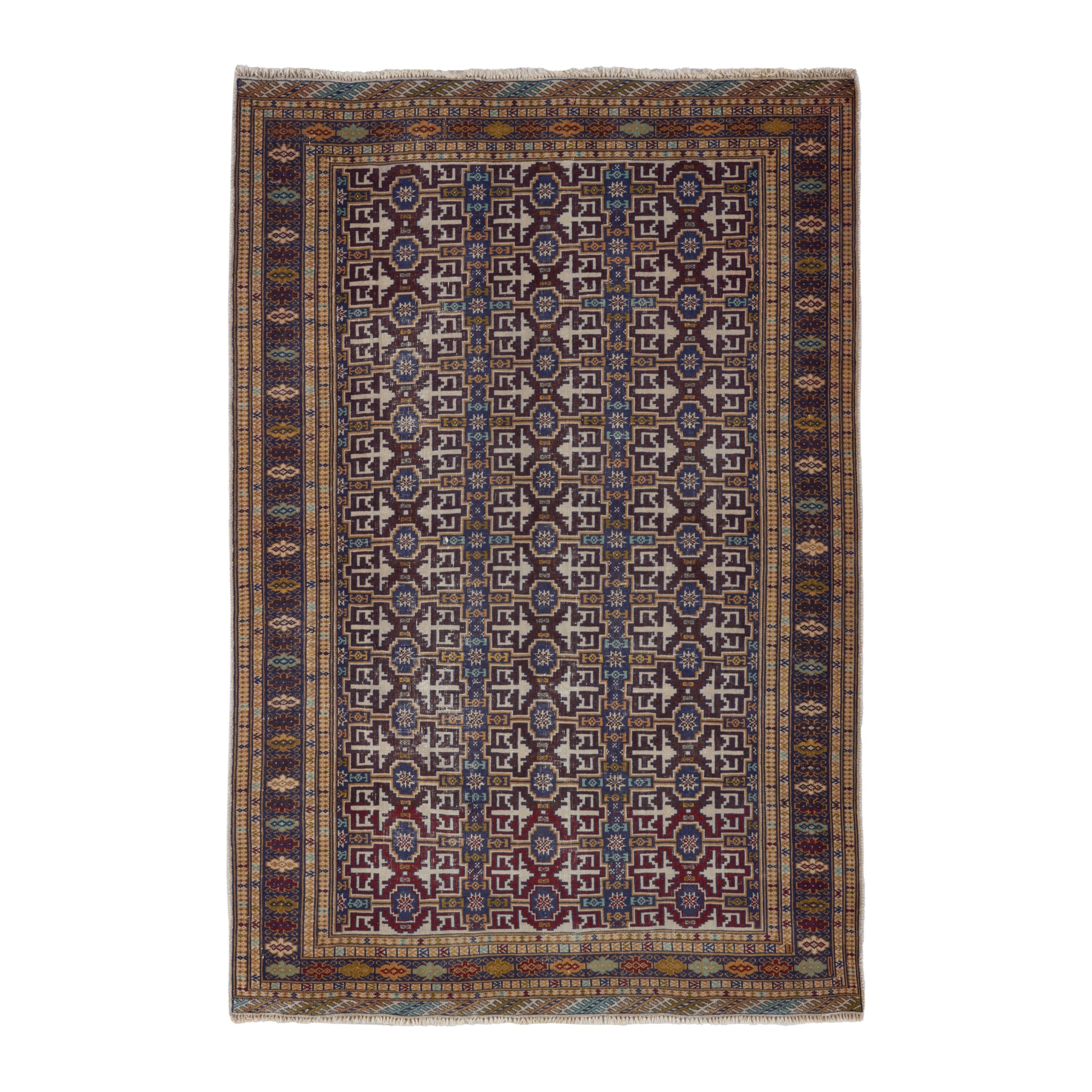 Persian Torkaman runner rug in cream and burgundy, 3'7" x 7'1"