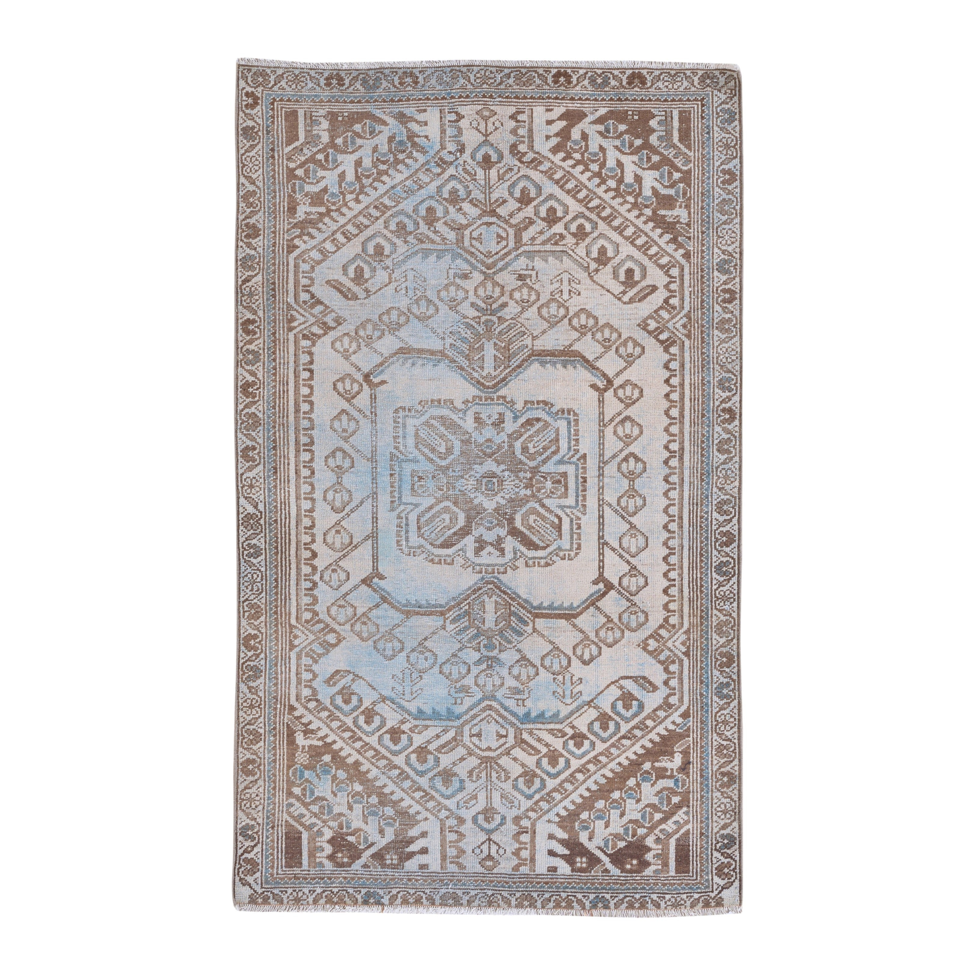 Persian Zanjan accent rug in powder blue and terracotta, 3'11" x 6'3"