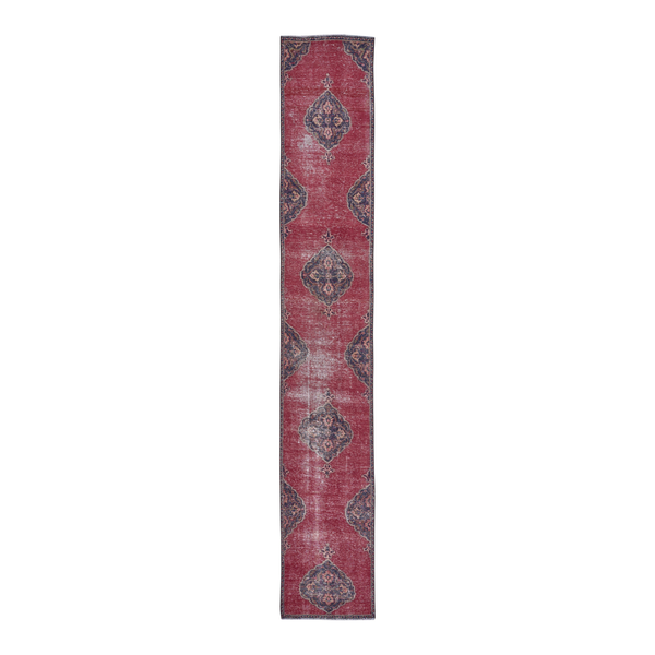Persian Tabriz runner rug in faded red and dark blue, 2'6" x 15'11"
