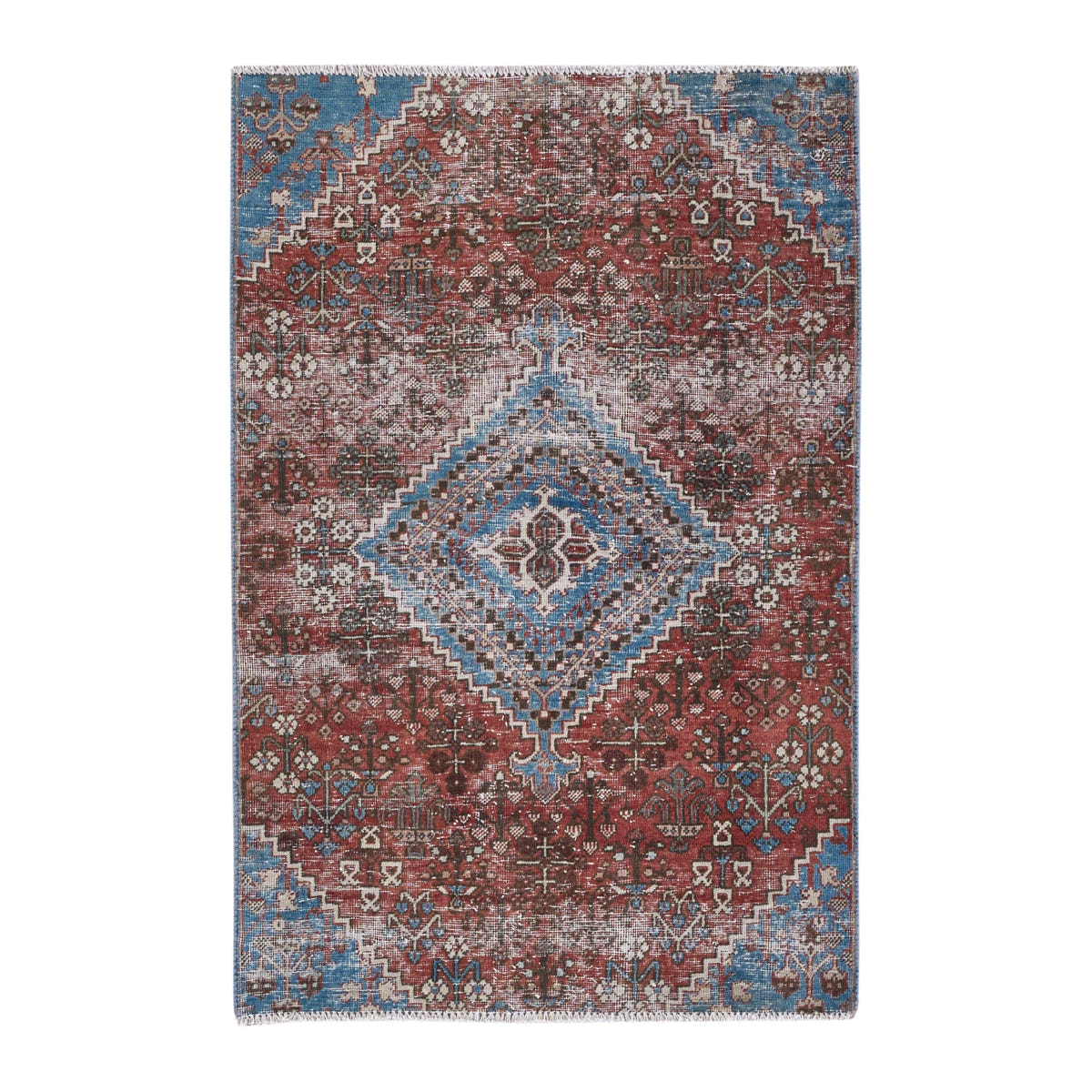 Persian Joshaghan accent rug in brick and denim, 3' x 4'6"