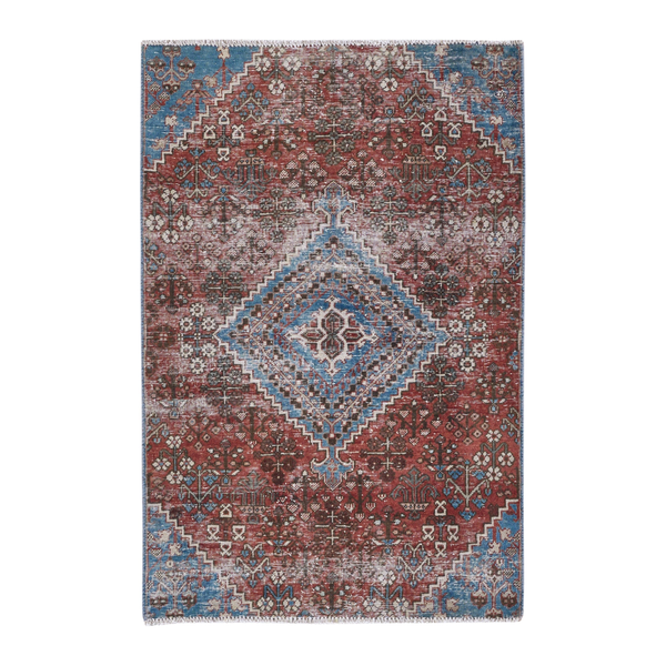 Persian Joshaghan accent rug in brick and denim, 3' x 4'6"