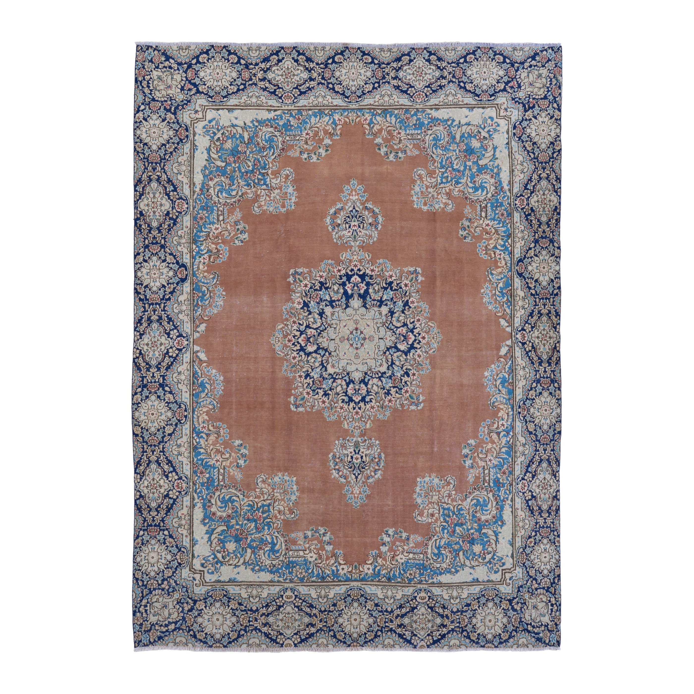 Persian Kerman oversized rug in terracotta and navy, 8'11" x 12'7"