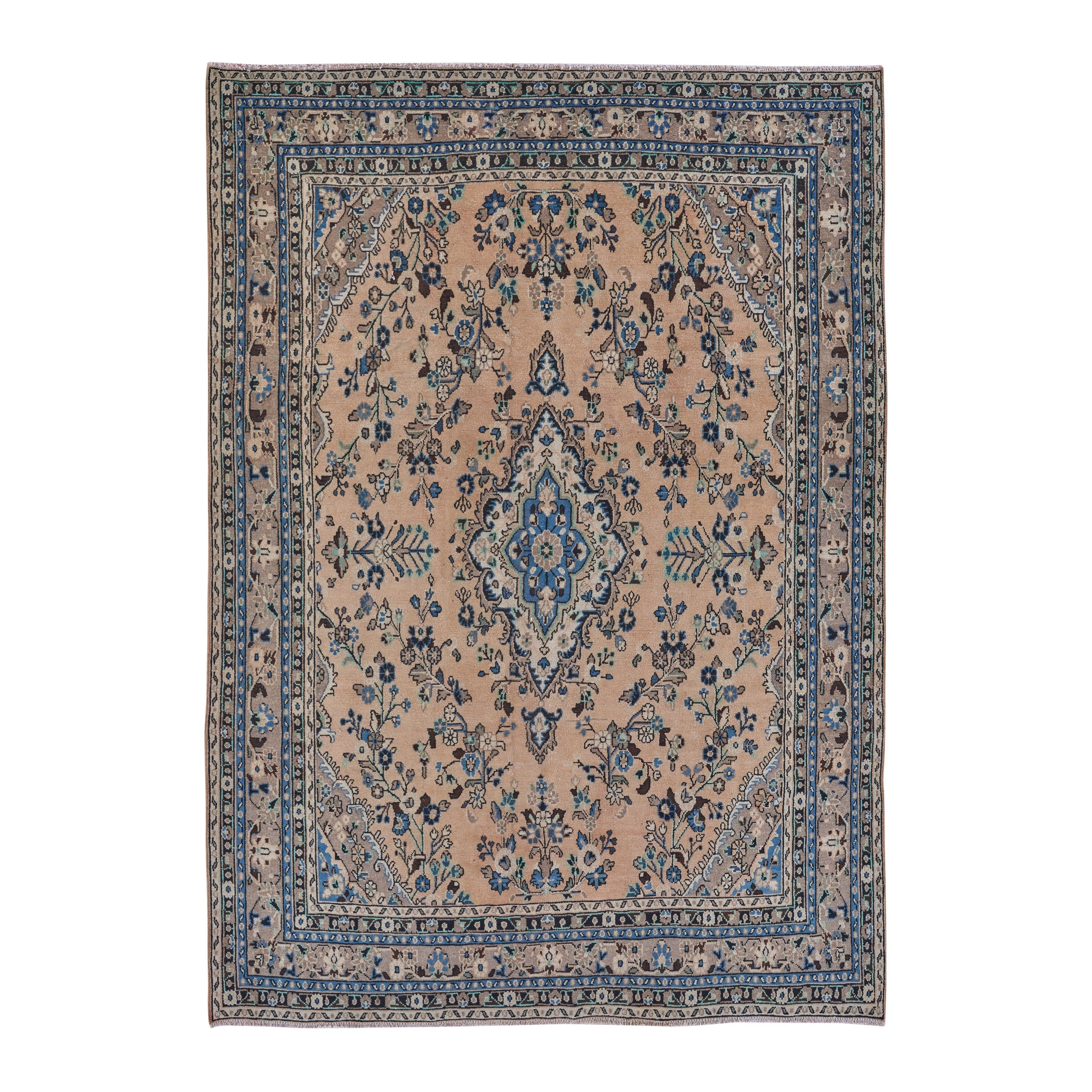 Persian Hamedan oversized rug in tan and denim, 8'5" x 11'4"