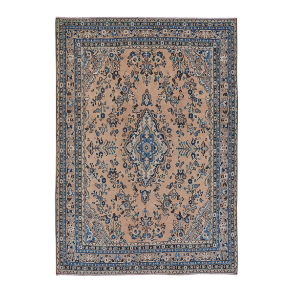 Persian Hamadan oversized rug in tan and denim, 8'5" x 11'4"