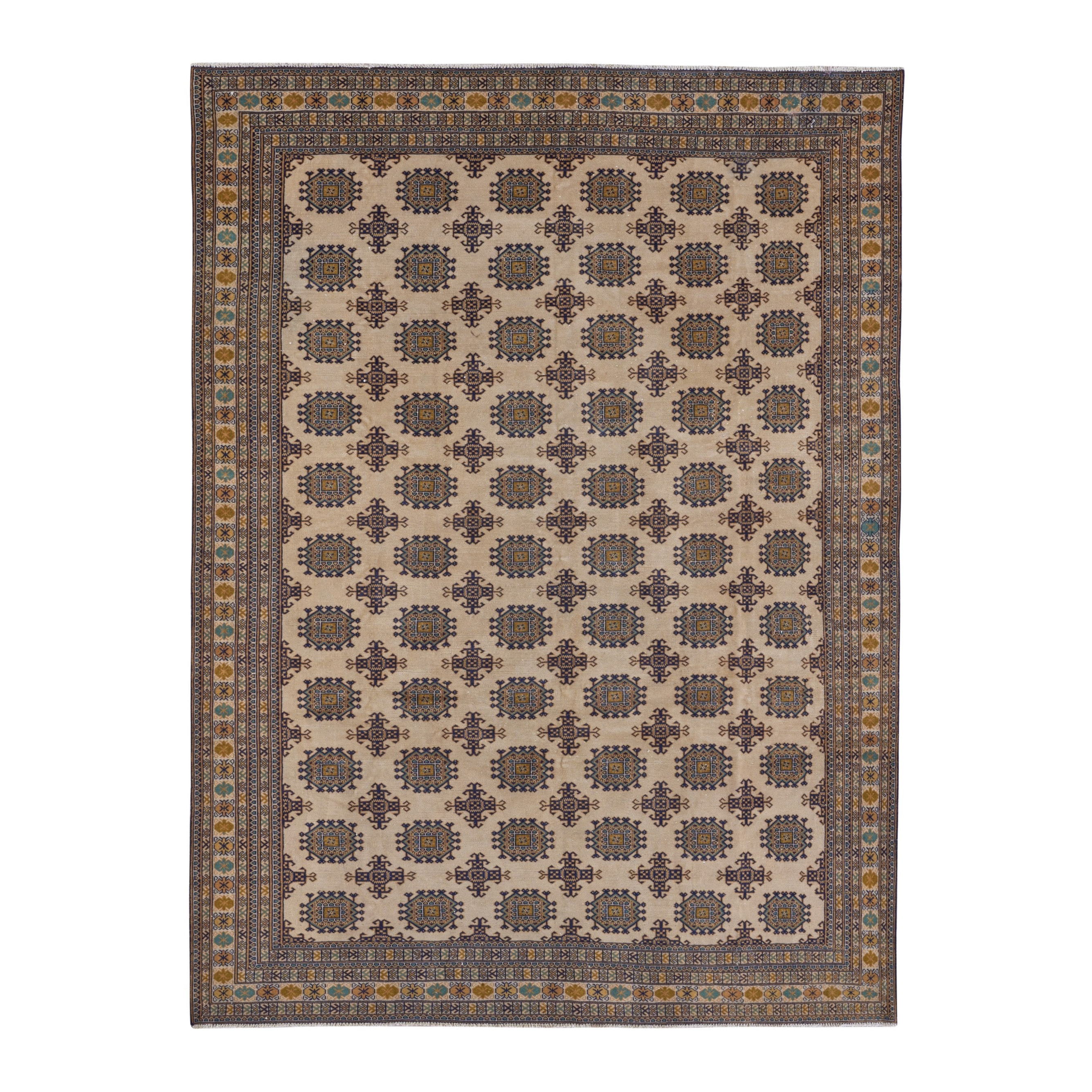Persian Torkaman area rug in cream and navy, 6'11" x 9'7"