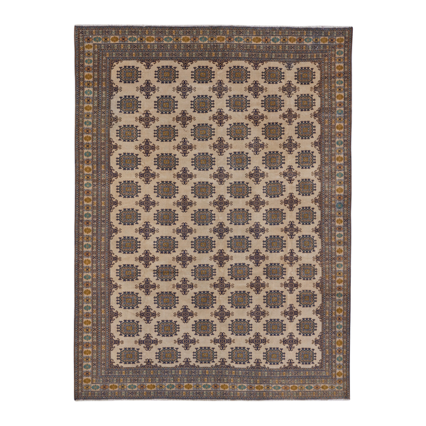 Persian Torkaman area rug in cream and navy, 6'11" x 9'7"