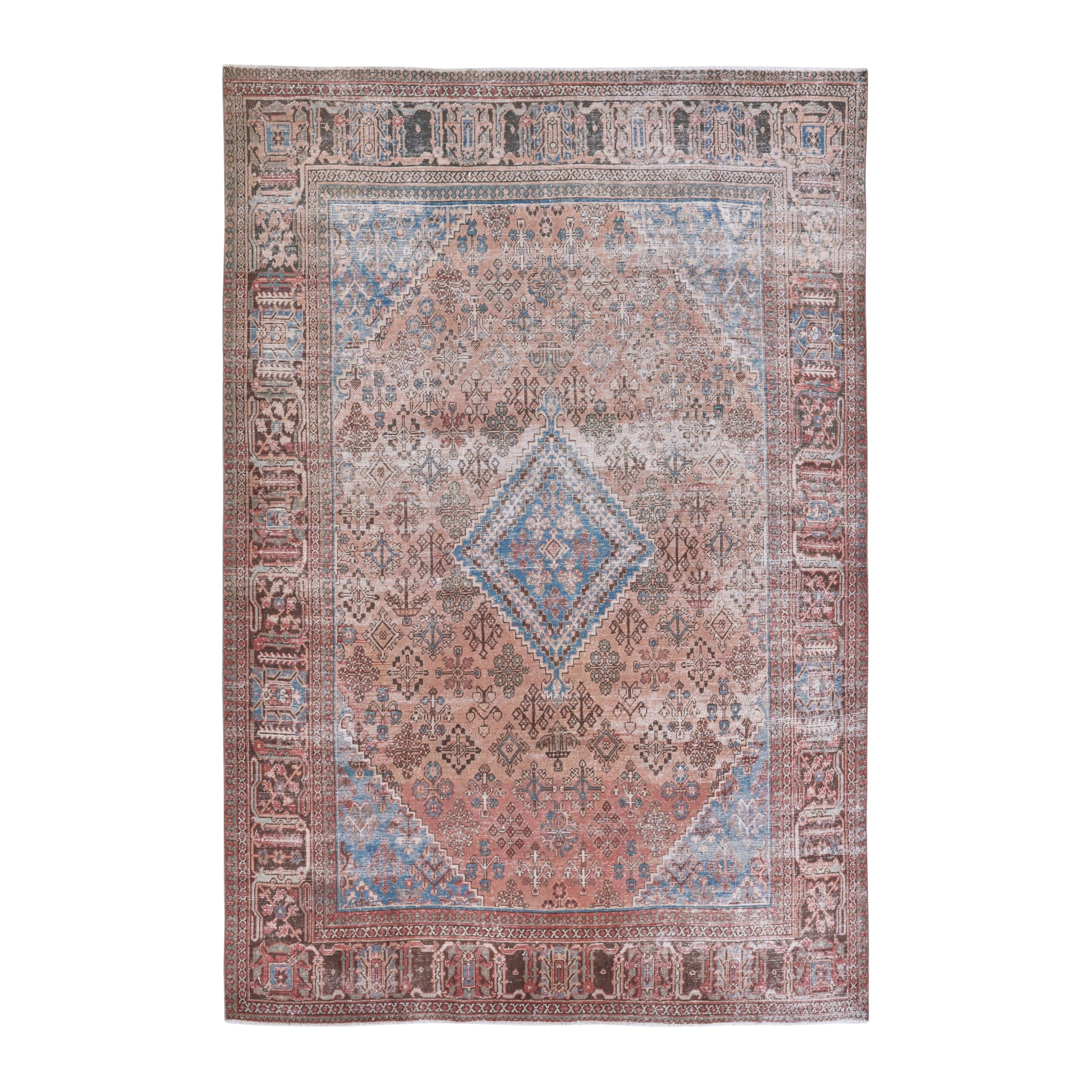 Persian Joshaghan area rug in terracotta and denim, 6'10" x 10'