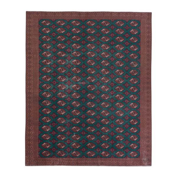 Persian Torkaman oversized rug in teal and clay, 9'2" x 11'1"