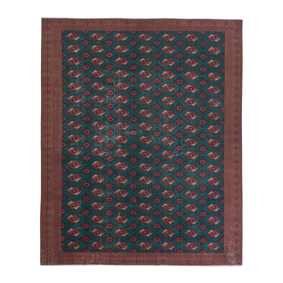 Persian Torkaman oversized rug in teal and clay, 9'2" x 11'1"