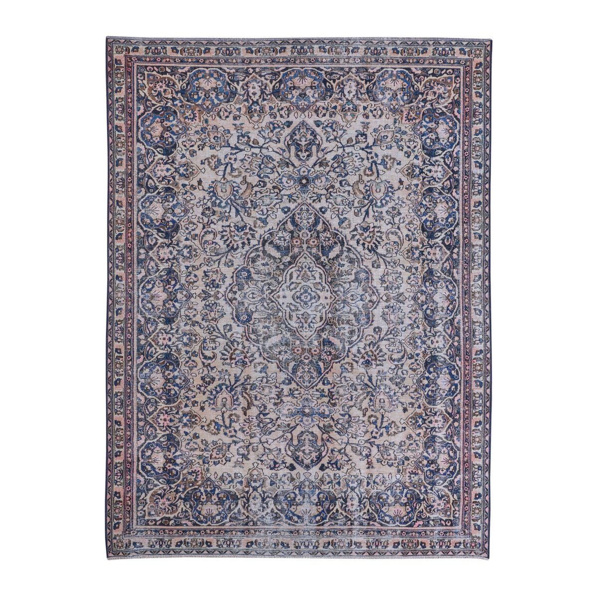Persian Mashhad oversized rug in cream and navy, 7'10" x 10'11"