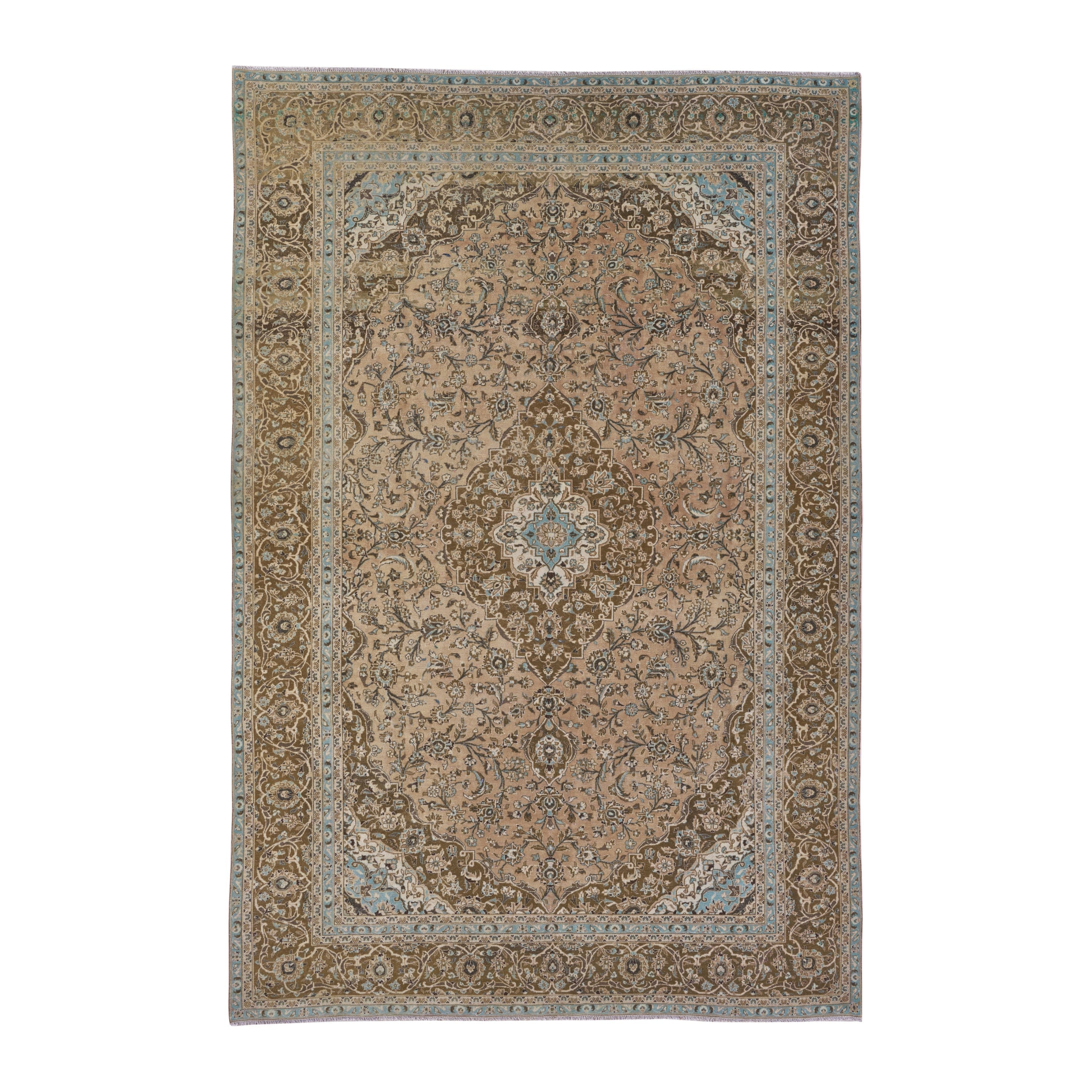 Persian Kashan oversized rug in tan and brown, 9' x 13'2"