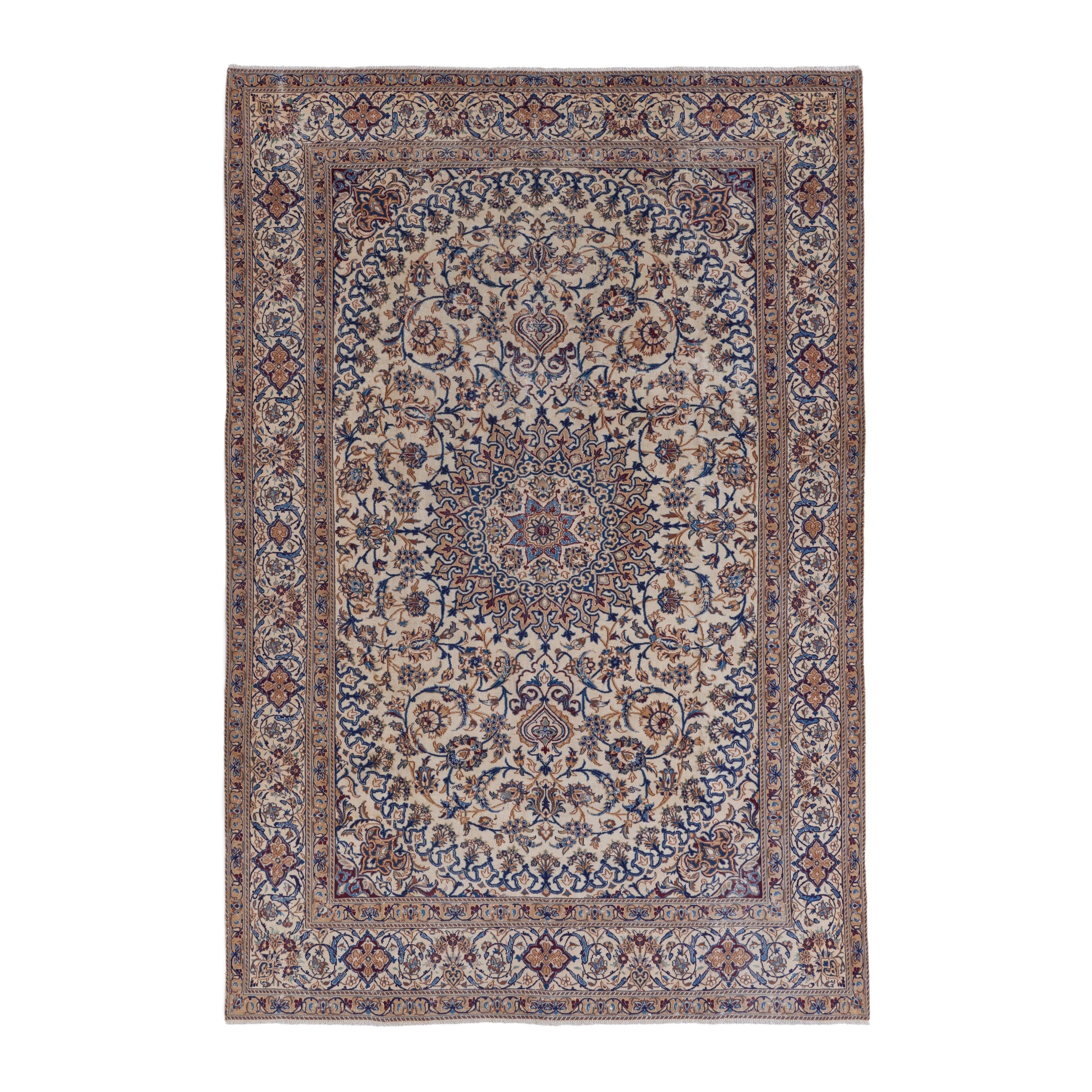 Persian Kashan oversized rug in cream and navy, 7'9" x 11'10"