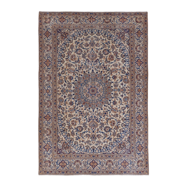 Persian Kashan oversized rug in cream and navy, 7'9" x 11'10"