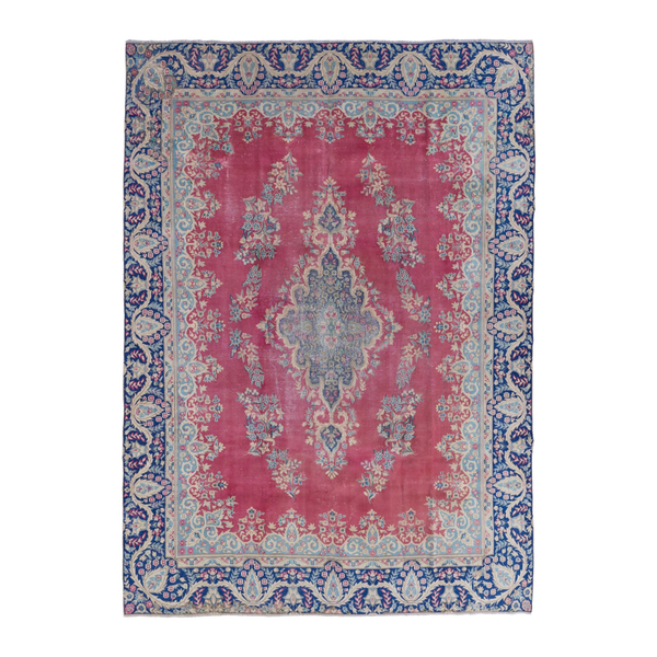 Persian Kerman oversized rug in rose and navy, 9' x 12'8"