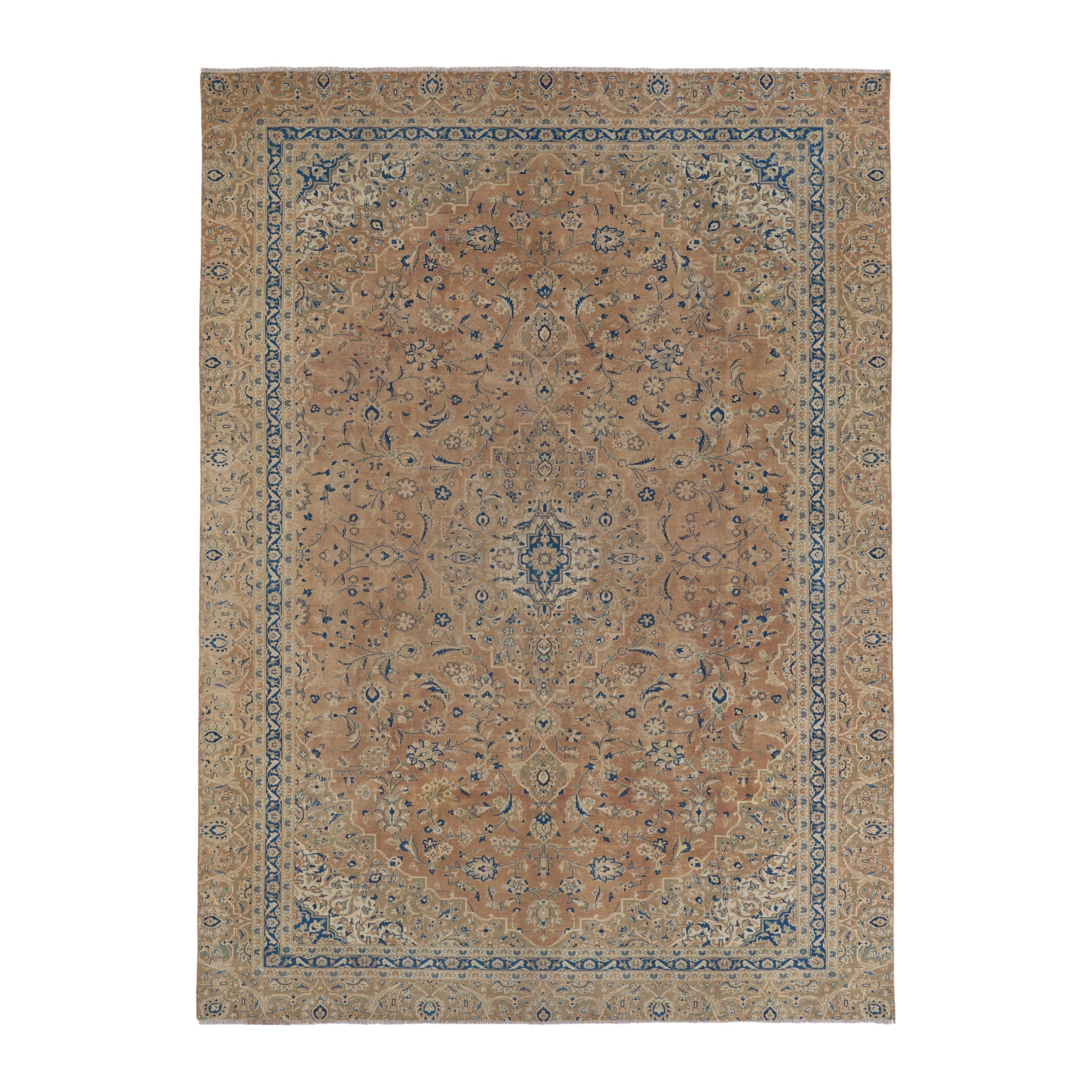 Persian Kashan oversized rug in terracotta and denim, 8'6" x 11'9"