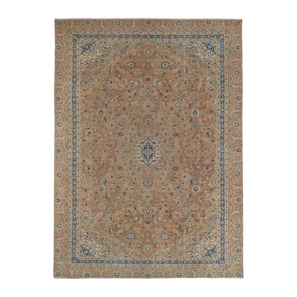 Persian Kashan oversized rug in terracotta and denim, 8'6" x 11'9"