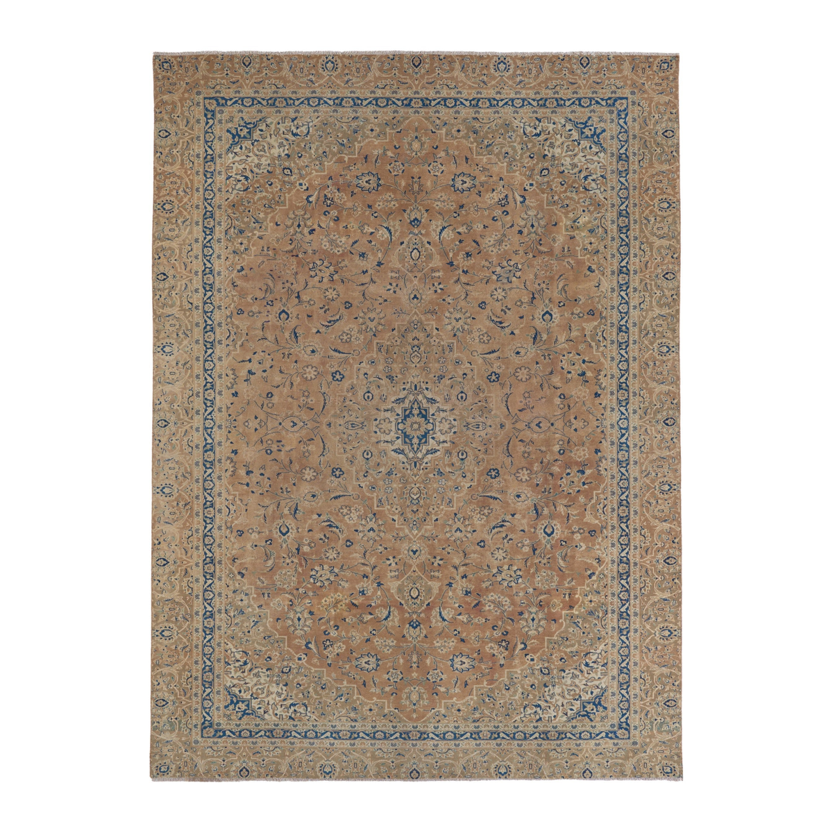 Persian Kashan oversized rug in terracotta and denim, 8'6" x 11'9"