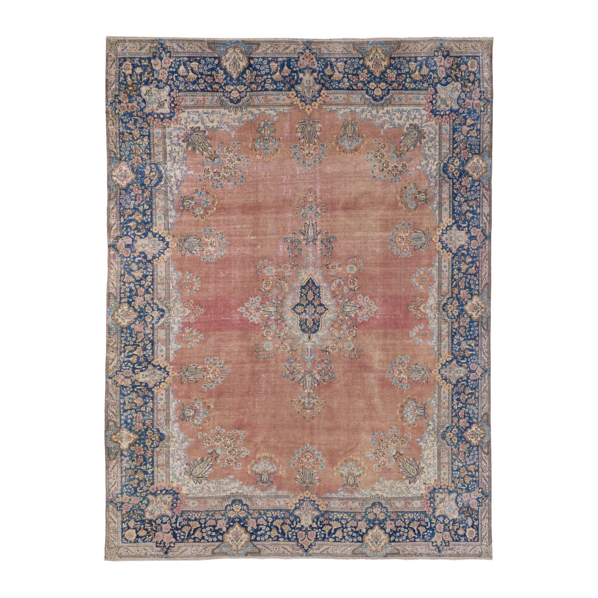 Persian Kerman oversized rug in muted pink and navy, 9'8" x 13'