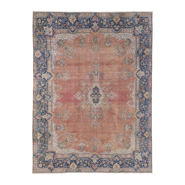 Persian Kerman oversized rug in muted pink and navy, 9'8" x 13'