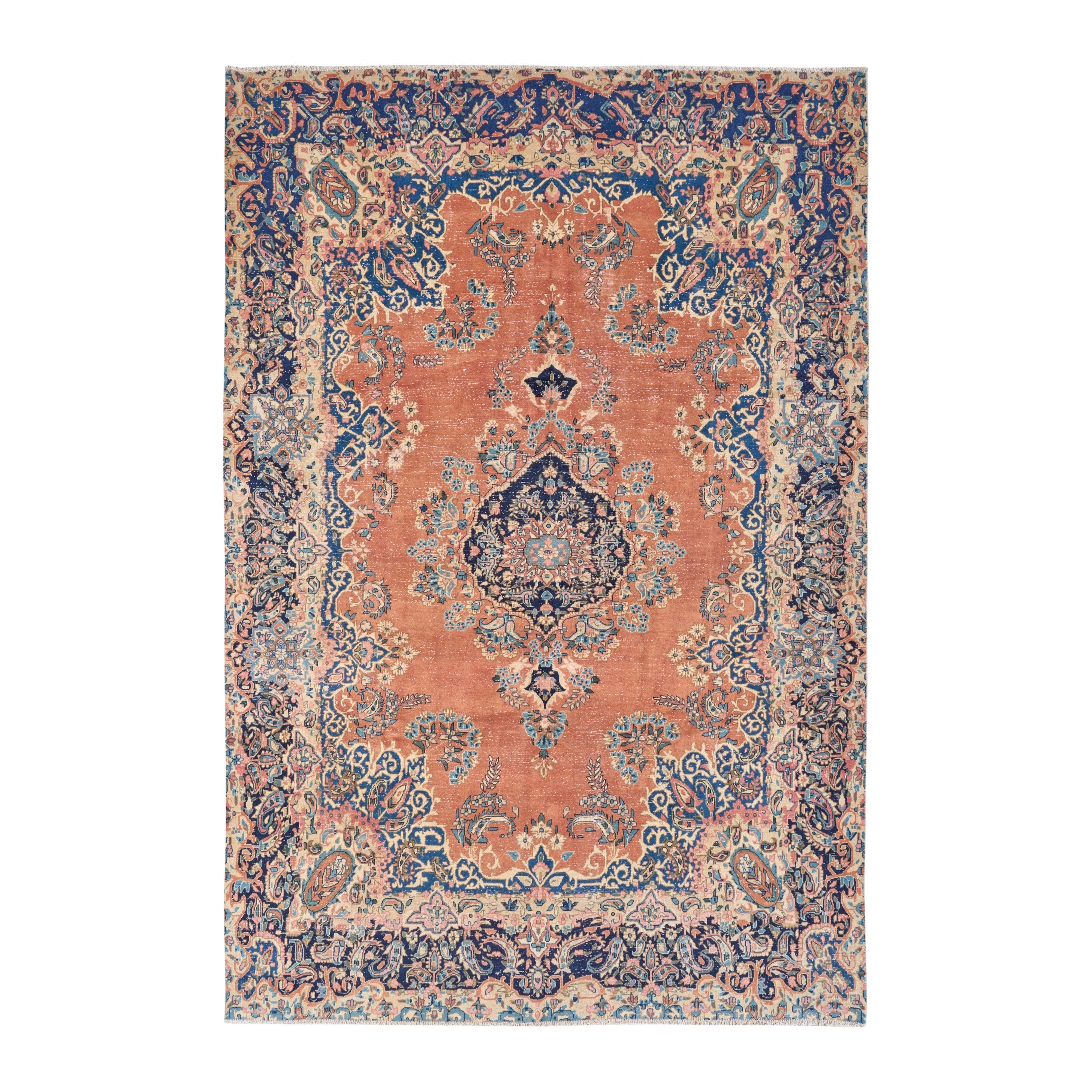 Persian Kerman oversized rug in terracotta and navy, 7'8" x 11'2"