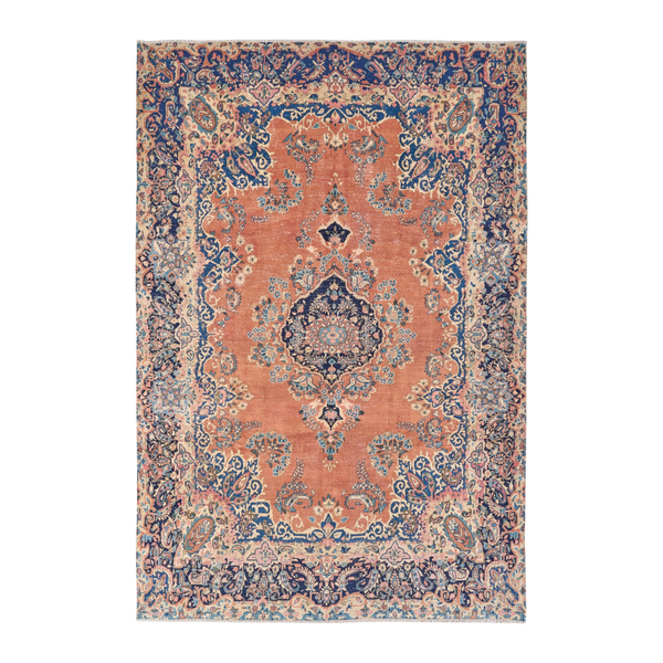 Persian Kerman oversized rug in terracotta and navy, 7'8" x 11'2"
