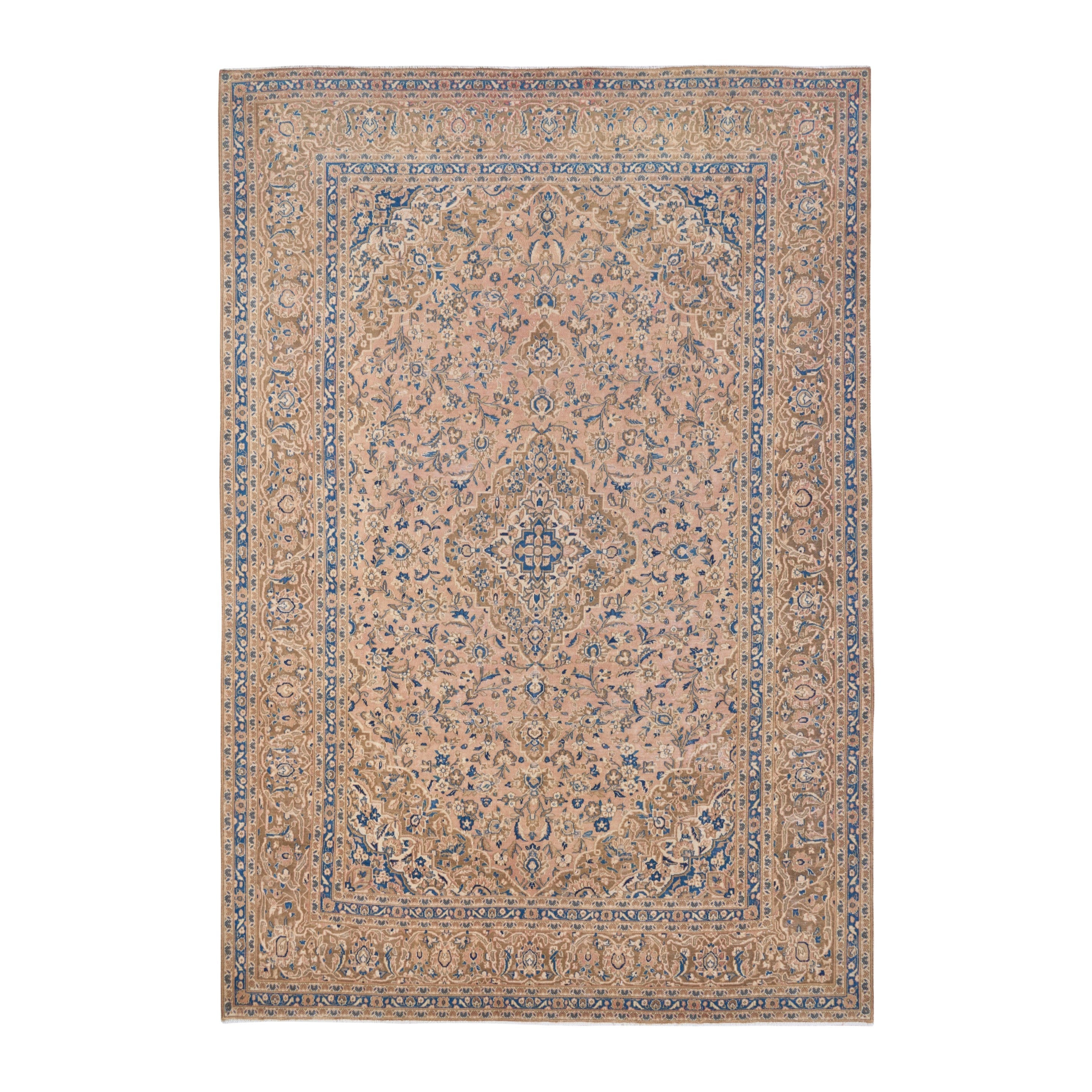 Persian Kashan oversized rug in beige and denim, 9'5" x 13'1"