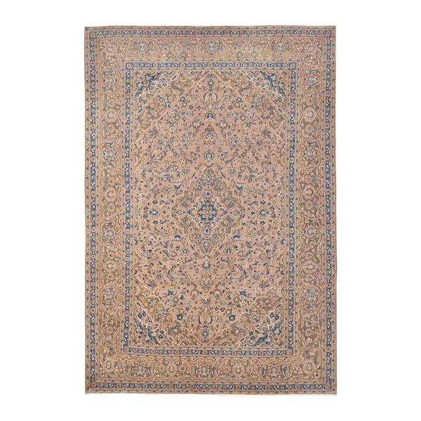 Persian Kashan oversized rug in beige and denim, 9'5" x 13'1"