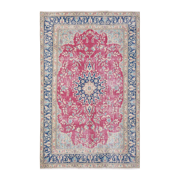 Persian Mashhad oversized rug in magenta and navy, 7'8" x 11'5"