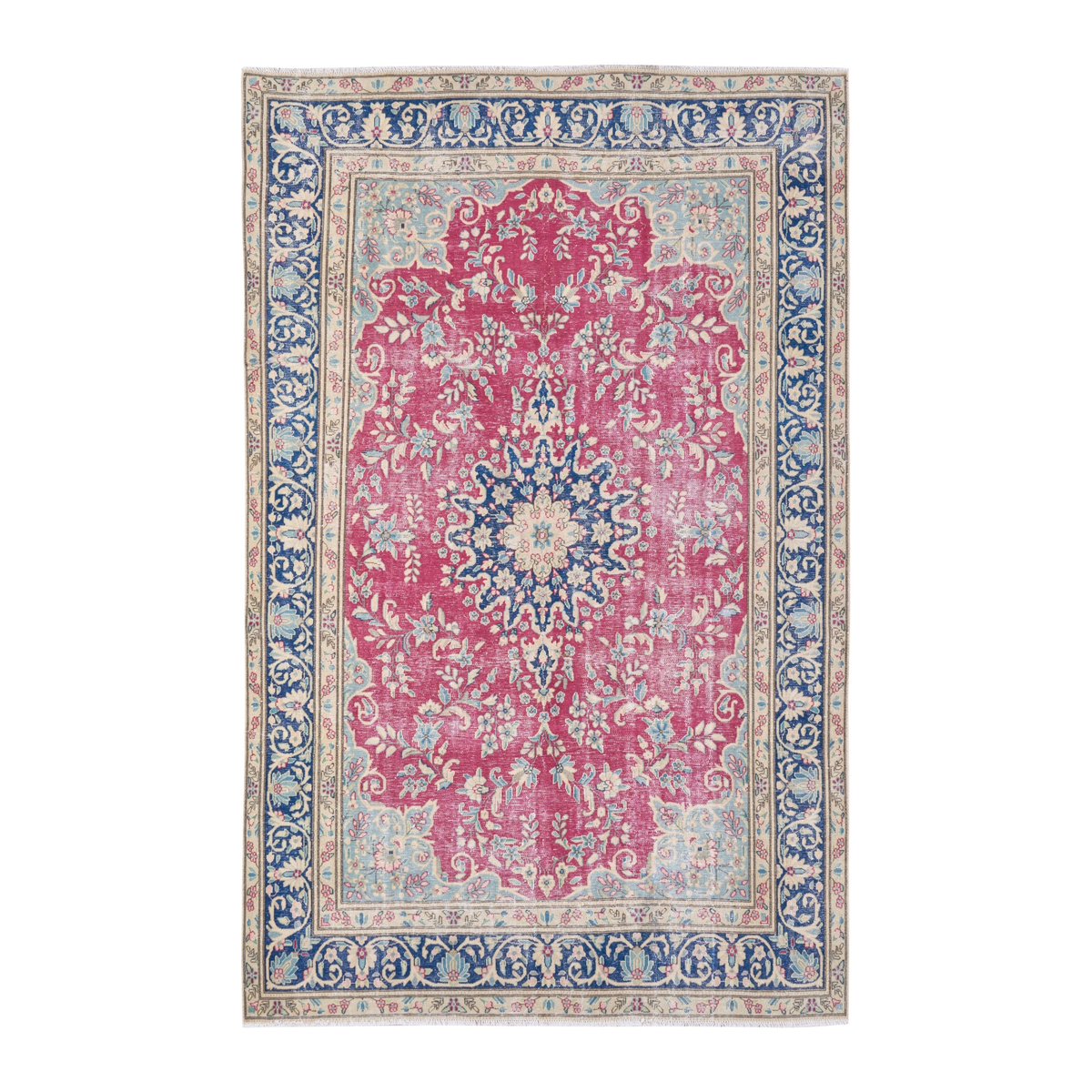 Persian Mashhad oversized rug in magenta and navy, 7'8" x 11'5"