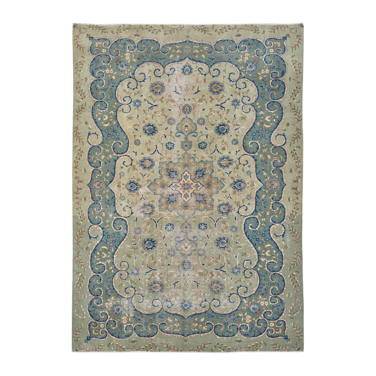 Persian Kashan oversized rug in cream and teal, 8'1" x 11'1"