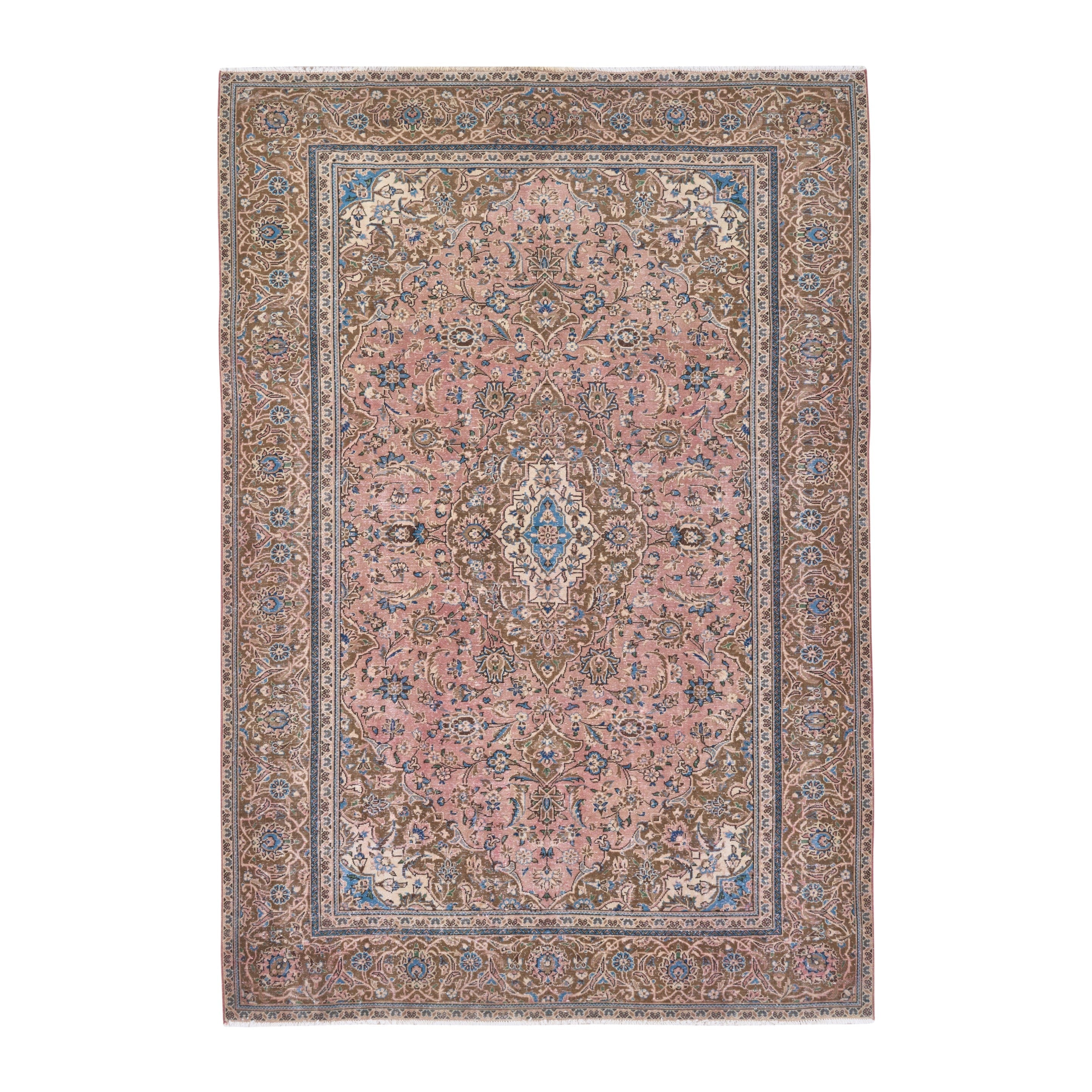 Persian Kashan oversized rug in dusty rose and antique gold, 7'7" x 10'11"