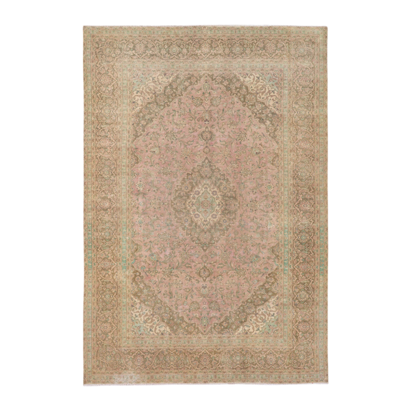 Persian Kashan oversized rug in muted pink and khaki, 8' x 11'