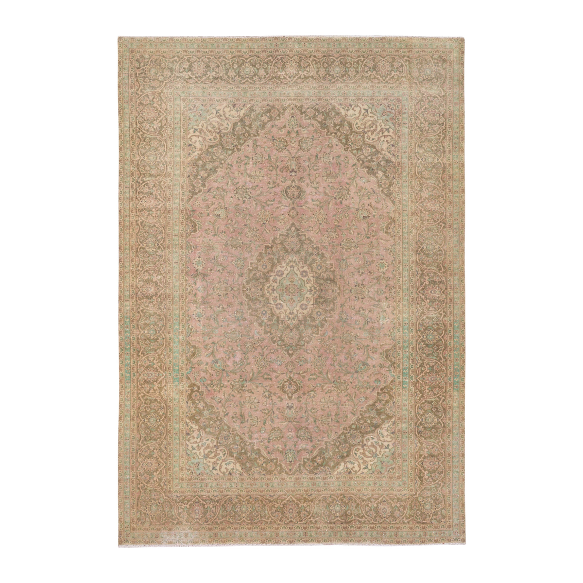 Persian Kashan oversized rug in muted pink and khaki, 8' x 11'